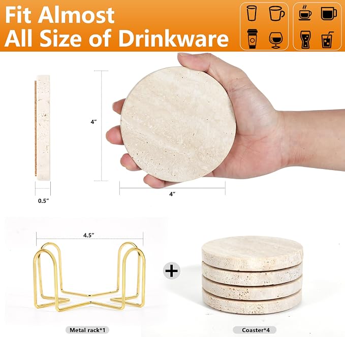 4Pcs Travertine Coasters with Nature Limestone Material and Gold Metal Holder, 4”Diameter Round Shape Bar Coasters Set with Cork Pad for Housewarming Christmas Birthday Gift