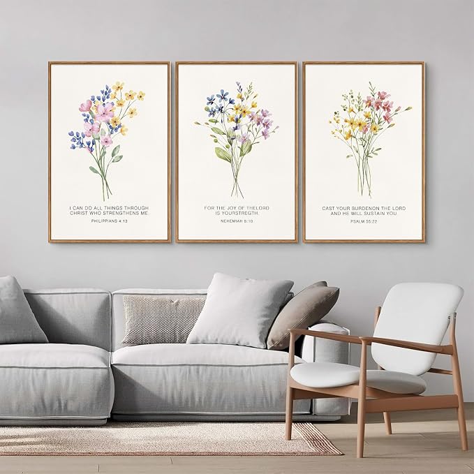 KYLESONLIE Christian Scripture Floral Framed Canvas Wall Art Set, Wildflower Bible Verse Posters Wall Decor, Religious Faith Art Paintings for Living Room Bedroom Dining Room Office Church 16"x24"x3