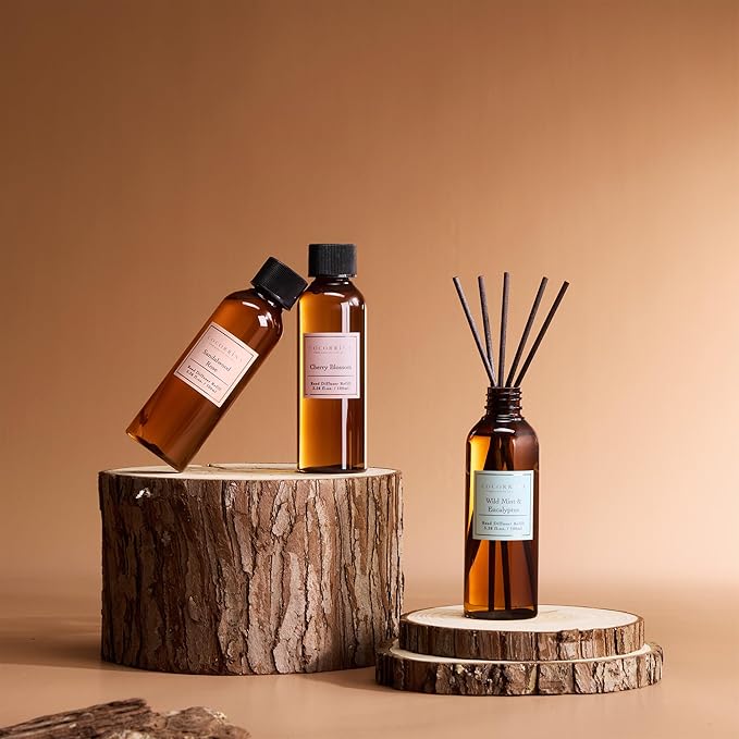 COCORRÍNA Reed Diffuser Refill Set, 10.2oz Scented Oil Refill 3 Pack, Sandalwood Rose, Cherry Blossom, Wild Mint & Eucalyptus, Long Lasting Oil Diffuser Refill with18 Sticks for Bathroom & Bedroom