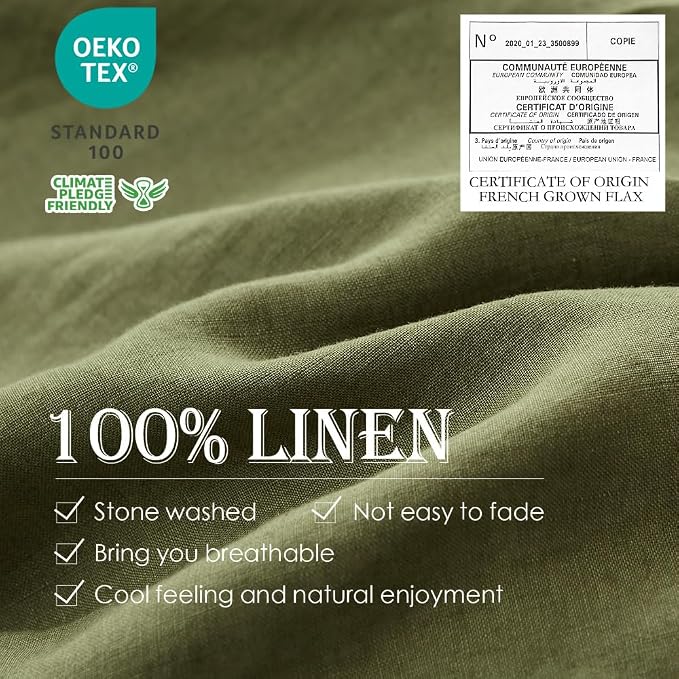 Simple&Opulence 100% Linen Duvet Cover Set 3pcs Basic Style Natural French Washed Flax Solid Color Soft Breathable Farmhouse Bedding with Button Closure - Olive Green, Full