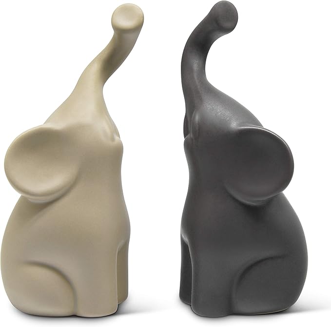 Vaudagio Loving Pair of Elephants in Beige & Grey - Modern Ceramic Sculpture - Figurine as a Set - Decoration Figure 6.3" high - Ornament Elephant in Love
