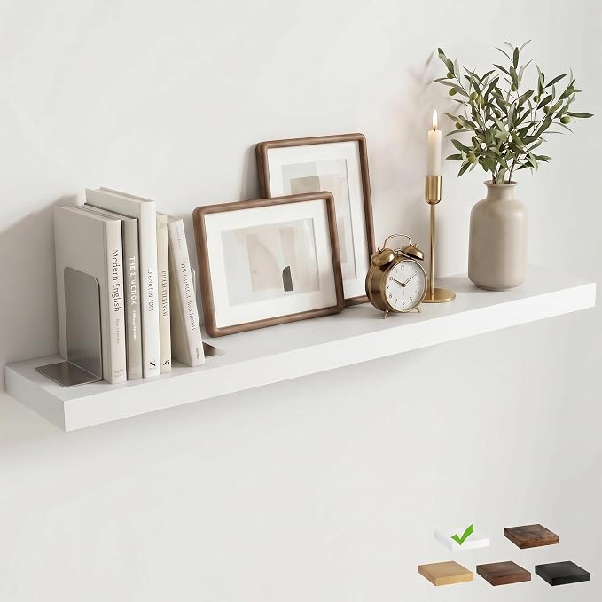 48 Inch Floating Shelves for Wall, 8"D Wood Storage Shelves, White Finish | Engineered Wood, Invisible Bracket, Large Storage, Easy Install, Hold Up to 77lbs, Living Room, Bathroom, Bedroom, Kitchen