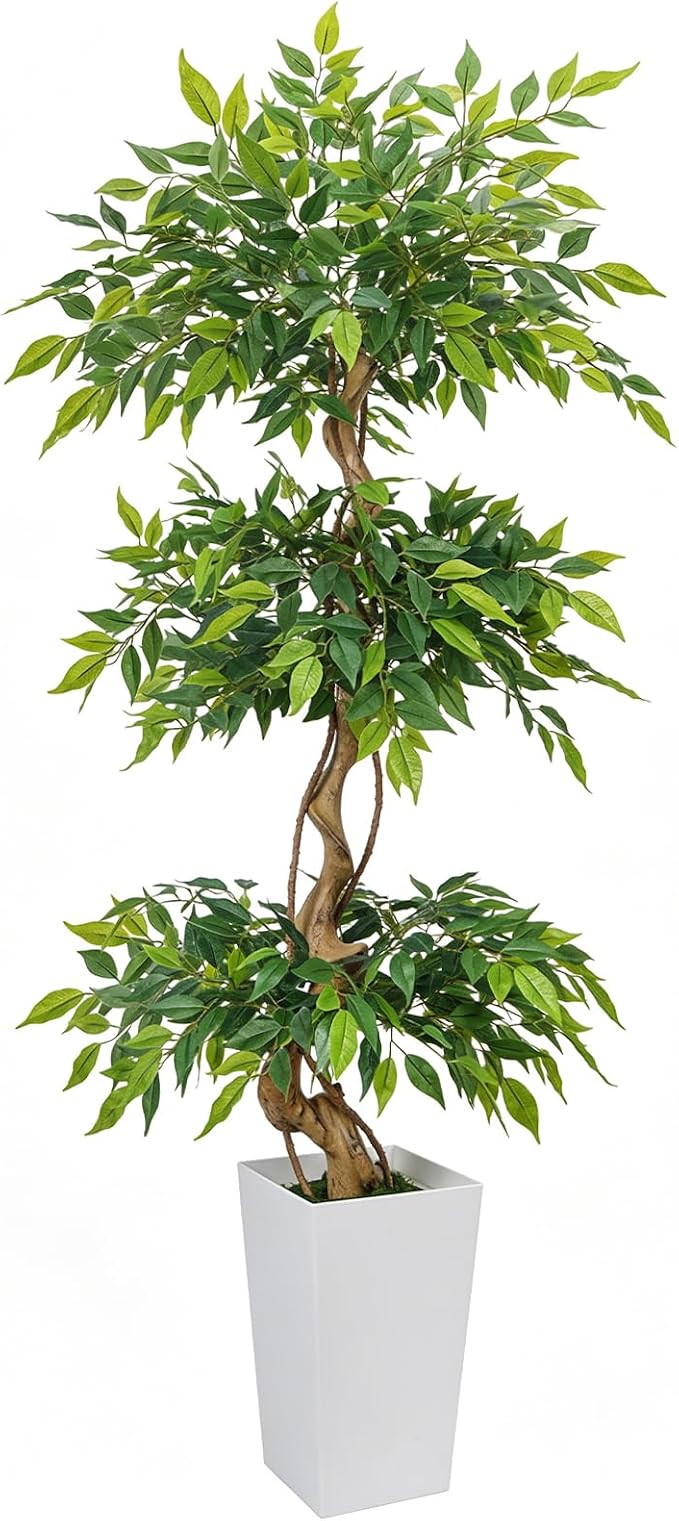GTIDEA 6FT Ficus Artificial Tree in Tall Decorative Planter, 72 ''Tall Faux Ficus Tree with Realistic Green Leaves and Natural Trunk, Large Fake Indoor Plant for Living Room, Office, Home Corner Decor