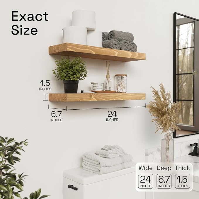 Natural Wood Floating Shelves for Wall 24 inch Oak, Wooden Bathroom Shelf | Solid Wood, Wall Mounted, Kitchen Bedroom Living Room, Rustic Farmhouse, Oak Finish, 24 x 6.7 Inch, Set of 2