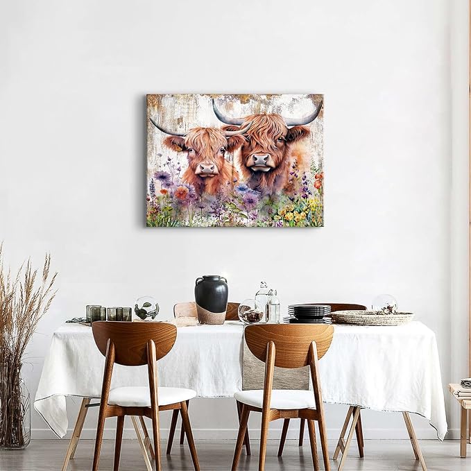 Farmhouse Highland Cow Wall Art Extra Large Flower Cow Pictures Wall Decor Western Animal Scottish Cattle Painting Canvas Prints Living Room Rustic Country Farm Artwork Bedroom Home Decorations 32x48"