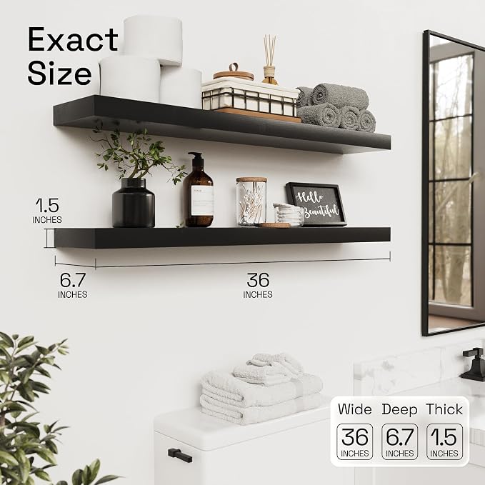 Solid Wood Floating Shelves for Wall 36 Inches Long, Black Wooden Shelf | Real Wood, 36 Inch, Heavy Duty, Wall Mounted, Bathroom Shelves Large, Bedroom Kitchen, Black Finish, 36W × 6.7D, Set of 2