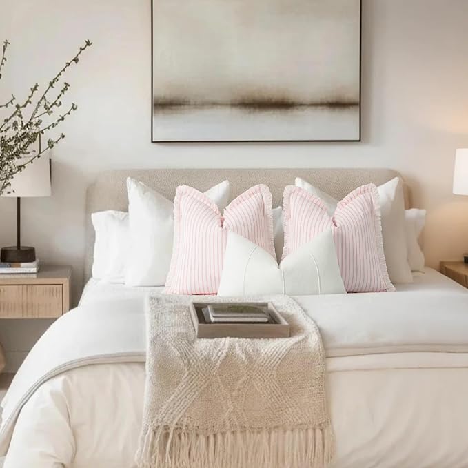 ZWJD Throw Pillow Covers 20x20 Set of 2 Striped Pillow Covers with Fringe Chic Cotton Decorative Pillows Square Cushion Covers for Sofa Couch Bed Living Room Farmhouse Decor (Pink)