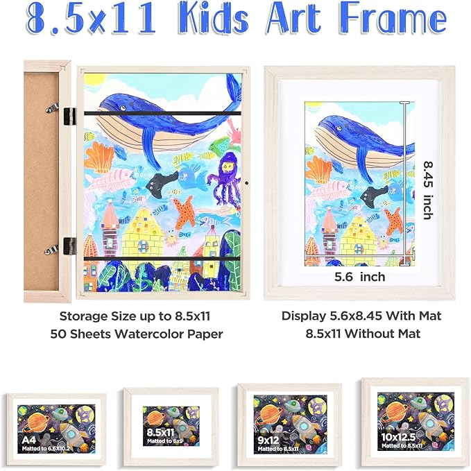 KINLINK 8.5x11 Kids Art Frame Set of 2, Solid Wood Kids Artwork Frames Changeable with Front Opening Hold 150 Pictures, Art Frames for Kids Art with Mat，without Mat 8.5x11 Picture Frame White Wood