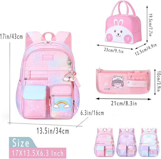 Kawaii Backpack, Pink Backpack for Girls, Kid Starry Rainbow Bookbag, Cute Backpack for Kids, Aesthetic Backpack, Blue(3 PCS Set)
