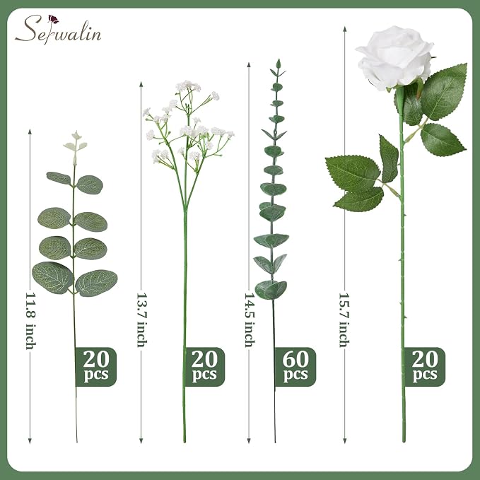 Serwalin 120 Pcs Mixed Eucalyptus Greenery Stems, White Silk Roses and Babys Breath Artificial Flowers for DIY Wedding Bouquets Home Party Arrangement Floral Vase Decor