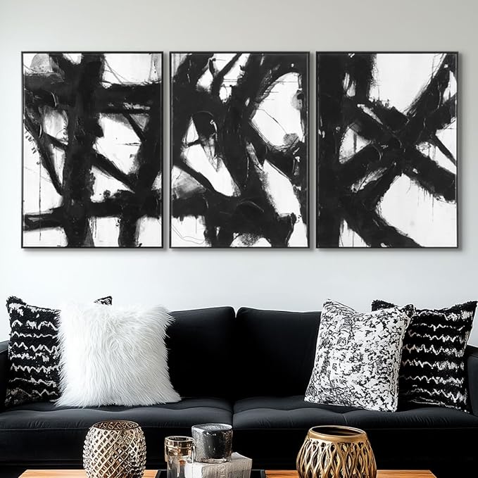 Black and White Abstract Canvas Wall Art – Framed 3 Pieces 20 x 28 Inches Modern Painting Prints with Hand-Painted Texture for Living Room, Bedroom, Office Decor