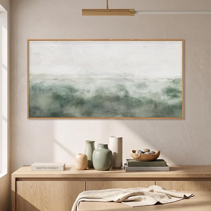 Large Abstract Grey Green Framed Canvas Wall Art,Watercolor Neutral White Wall Decor,Modern Pastel Wall Painting,Illustrations Artwork for Living Room,Bedroom,Dining Room,Office- 20"x40"x1
