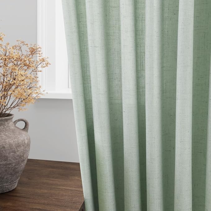 Nanspring Aqua Green Linen Curtains Semi Sheer 96 Inches Long 2 Panels Set for Living Room Back Tab Rod Pocket Light Filtering Drape for Bedroom Modern Farmhouse Coastal Decor Protect Privacy 52x96