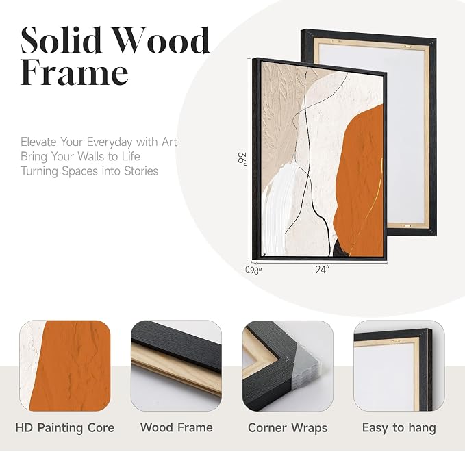 Framed Orange Abstract Wall Art for Living Room, 3 Piece Modern Minimalist Canvas Print Artwork for Walls, Large Neutral Abstract Paintings Picture for Bedroom Office Dining Room Wall Decor, 24x36 In