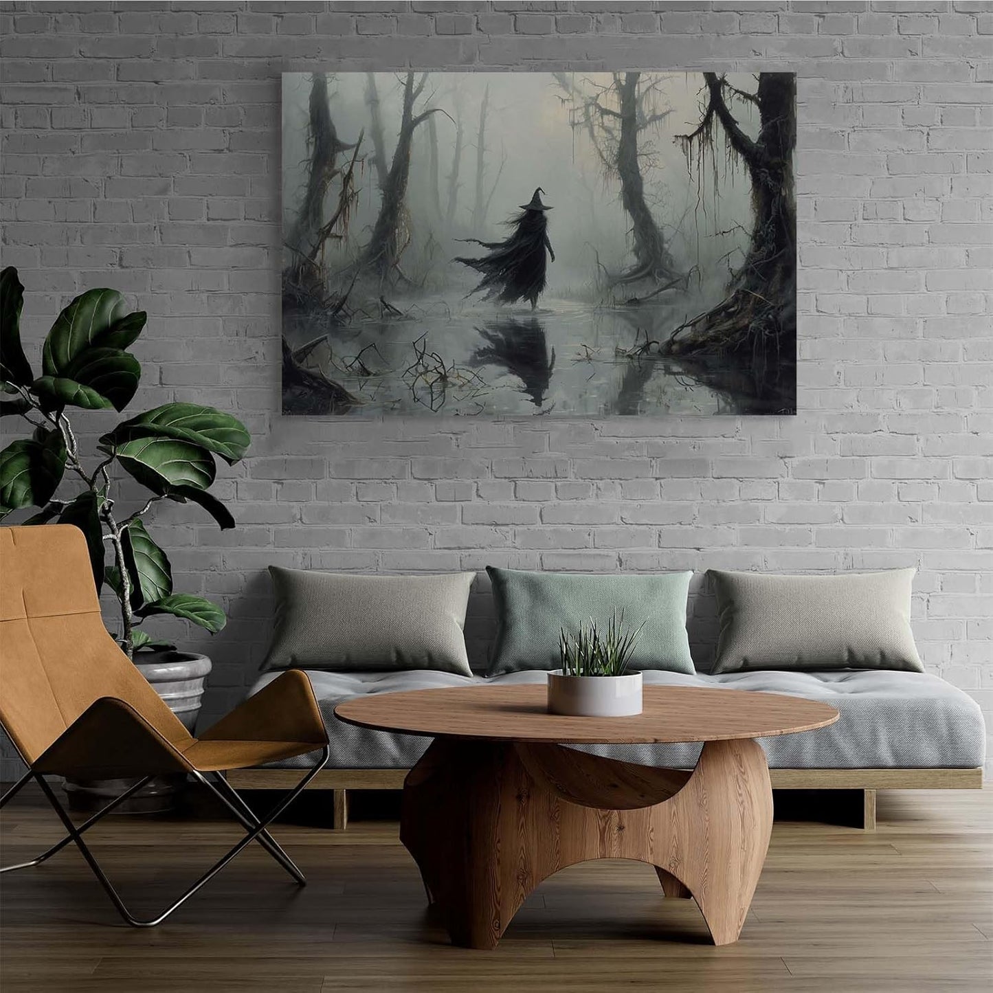 Vintage rustic swamp witch poster dark moody wall art gothic horror season halloween print for home decor retro dark moody painting12x16in Wood Framed