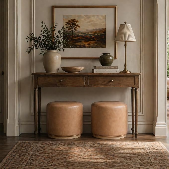 Spatial Order 22" Round Ottoman with Wooden Base - Sand Faux Leather