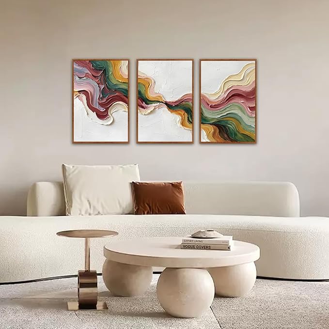 CHDITB 3D Textured Abstract Wave Framed Canvas Wall Art Set, Modern Neutral Earth Tone Picture Flowing Ribbon Wall Decor, Multicolor Minimalist Line Art Prints for Living Room Hallway Home Decor 16"x24"x3