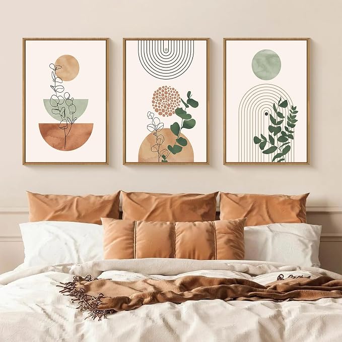Ausril Boho Terracotta Green Framed Canvas Wall Art Set, Abstract Bohemian Wall Decor, Mid Century Modern Geometric Wall Painting, Neutral Botanical Art Print Living Room, Bedroom, Office 16"x24"x3
