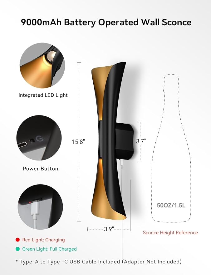 Tubicen Battery Wall Sconce Set of Two with Remote Art Deco Cordless Sconce | 3-Color Dimmable Movie Theater Lights 9000mAh Rechargeable Up Down Accent Wall Light for Living Room Bedroom Black and Gold