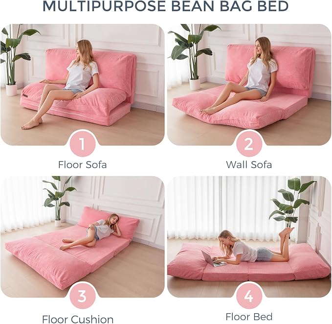 MAXYOYO Folding Sofa Bed, Extra Thick and Long Floor Sofa Convertible Chair with Washable Cover, Floor Couch Lounge Bean Bag Bed for Living Room, Pink, 30x91 Inch