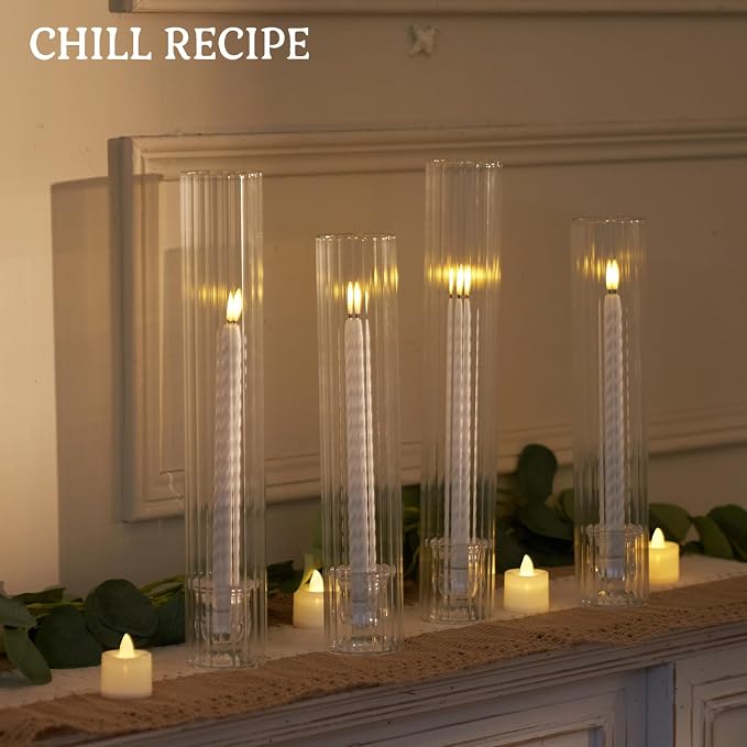 CHILL RECIPE Hurricane Glass Candle Holders-Set of 6 Tall Taper Candle Holder with 12” Tall Clear Cylinder Covers for Wedding Table Centerpiece Home Decor (Floral Base+Ribbed Chimney)