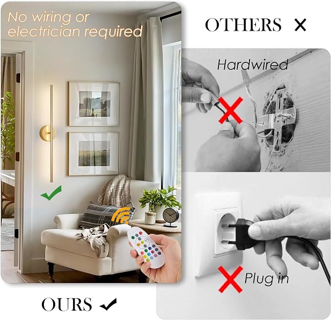 KARTOOSH Battery Operated Wall Sconces Set of Two, with Remote Control, Dimmable, Warm White/Natural White/Daylight/RGB, 350°Rotate, LED Gold Wireless Wall Light for Living Room, Bedroom, 28.3 Inch