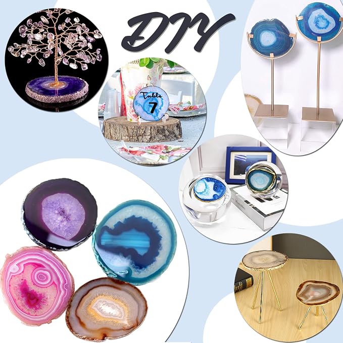 Natural Agate Coasters Set of 4, Dyed Purple 3.5-4" Geode Slices, Crystal Stone Drink Coasters with Rubber Bumpers for Mug, Coffee Cups & Glassware, Unique Home Decor