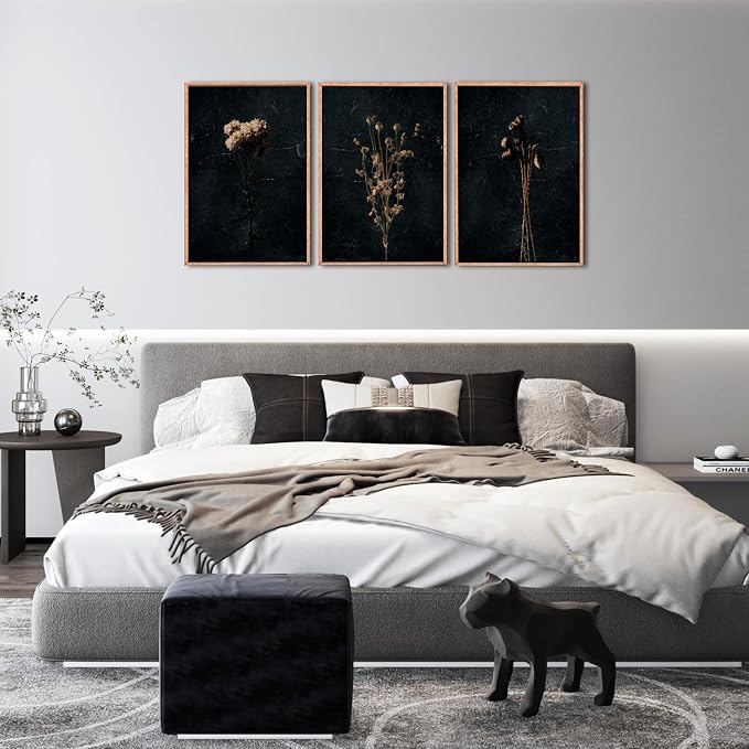 Ausril Moody Dark Orange Floral Framed Canvas Wall Art Set, Minimalist Wildflower Wall Decor, Black Flower Botanical Wall Painting, Modern Art Print for Living Room, Bedroom, Office 16"x24"x3