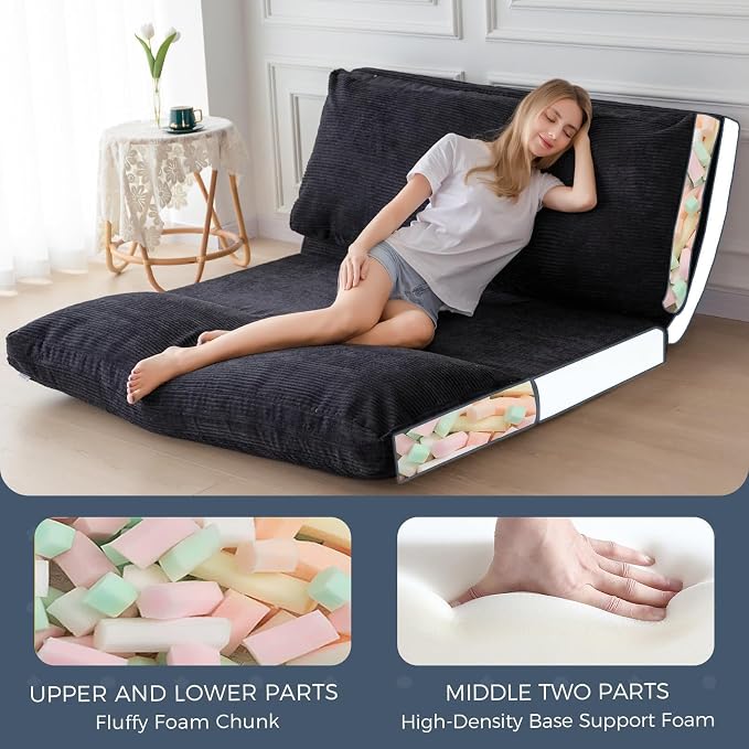 MAXYOYO Folding Sofa Bed, Extra Thick and Long Floor Sofa Convertible Chair with Washable Cover, Floor Couch Lounge Bean Bag Bed for Living Room, Black, 30"x91"