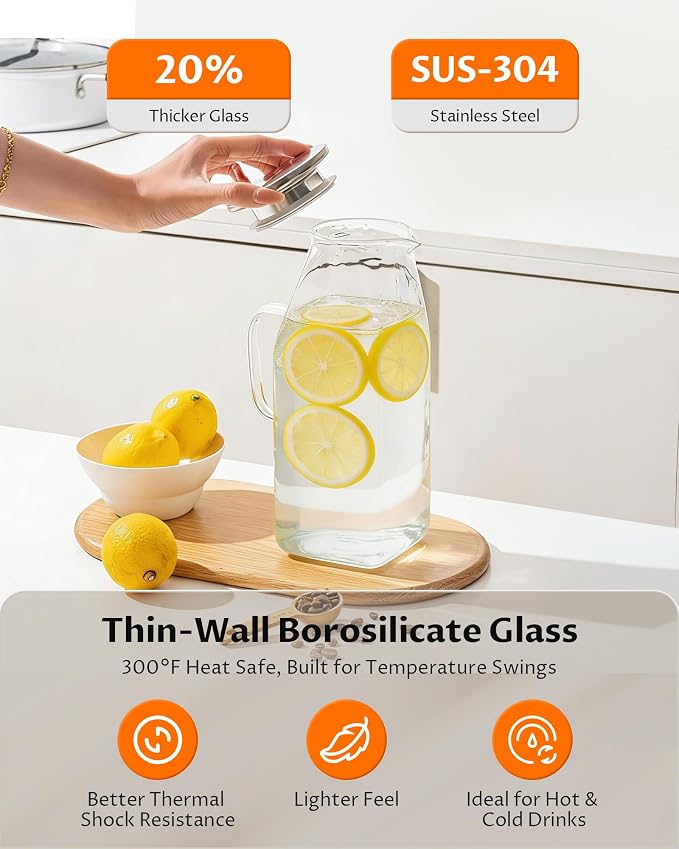 68oz Borosilicate Glass Pitcher with Lid and Handle – Square Water Carafe with Filter Spout for Hot & Cold Drinks, Iced Tea, Juice, and Fridge Storage