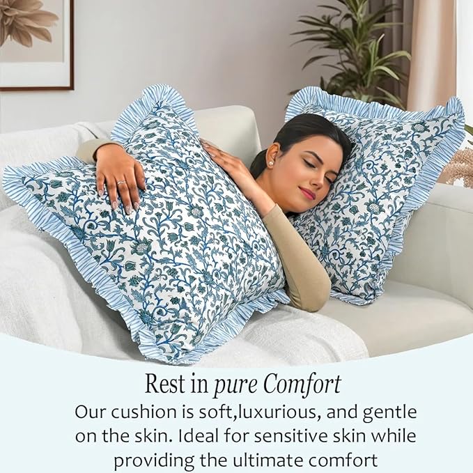 CPC Ocean Vine Hand Block Print 100% Cotton Ruffle Throw Pillow Cover 24x24 inch with Hidden Zipper Decorative for Couch, Bed, Sofa, Farmhouse, Cottagecore Decor Gift Christmas Fall Thanksgiving
