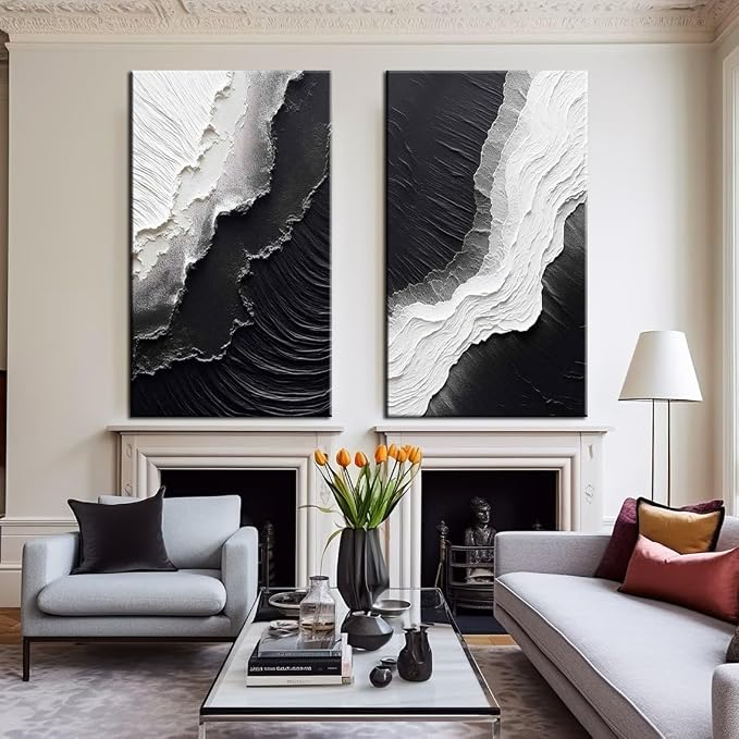 YaSheng Art - Vertical Wall Art Texture Abstract Oil Painting ,Hand Painted sea wave Black and White Wall Art Minimalist modern Art Paintings,, Home Living room Room Dining Room Bedroom Wall Decorative Art Oil Painting 24x48inch