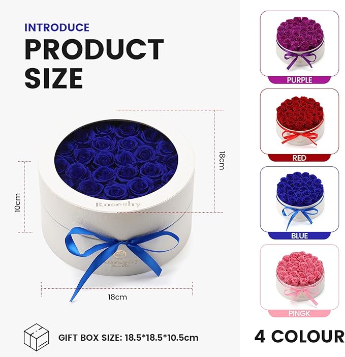 Valentines Day Flowers Roses Gifts for Her,28pcs BlueForever Preserved Roses in Round Gift Box,Valentines Day Delivery Prime Gifts-Roses Gifts for Women,Mom.