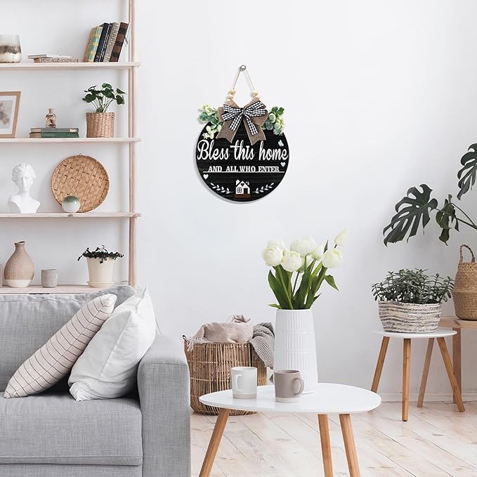 3D Bless This Home and All Who Enter Wooden Front Door Signs，Door Decorations Hanging,Christian Jesus Home Porch Wall Decor，Spring Wreaths，Door Wreaths for Front Door Outside All Season(Black)