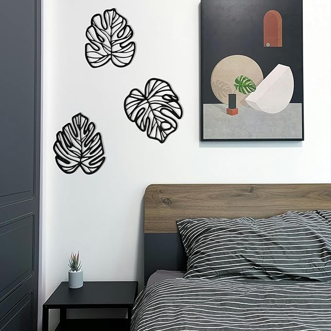 Palm Leaves Wood Wall Decor , 3Pcs Tropical Wall Art Jungle Decor, Wooden Natural Leaves Plant Wall Decor, Vintage Tropical Plant Plaque for Home Living Room Kitchen Bedroom Bathroom & Garden, Black