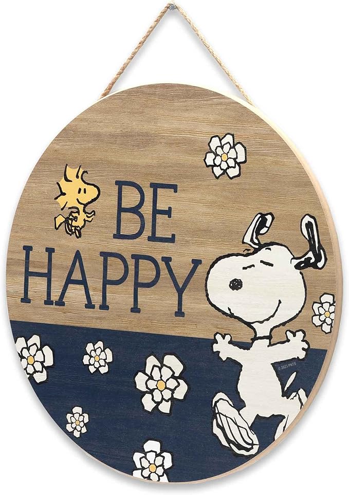 Peanuts Snoopy Be Happy Round Hanging Wood Wall Decor - Fun Snoopy Sign for Home Decorating - Great Gift Idea