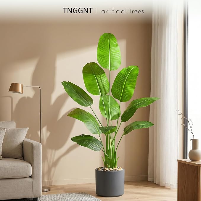 Artificial Bird of Paradise Plant: 6FT Faux Traveler's Palm Fake Banana Tree Elephant Ear Leaf Tall Silk Floor Plant in White Pot for Home Decor Indoor Office Entryway Balcony Patio Cafe Hotel