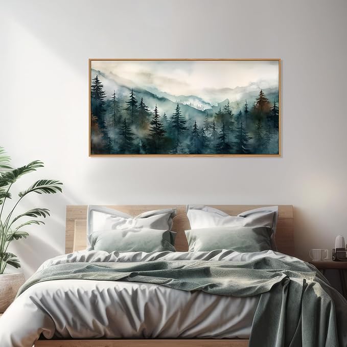 KAIRNE Watercolor Misty Forest Framed Canvas Wall Art Set, Nature Landscape Wall Decor, Foggy Mountain Pine Trees Wall Painting, Jungle Scenery Artwork for Living Room, Bedroom, Office-40 x20 x1
