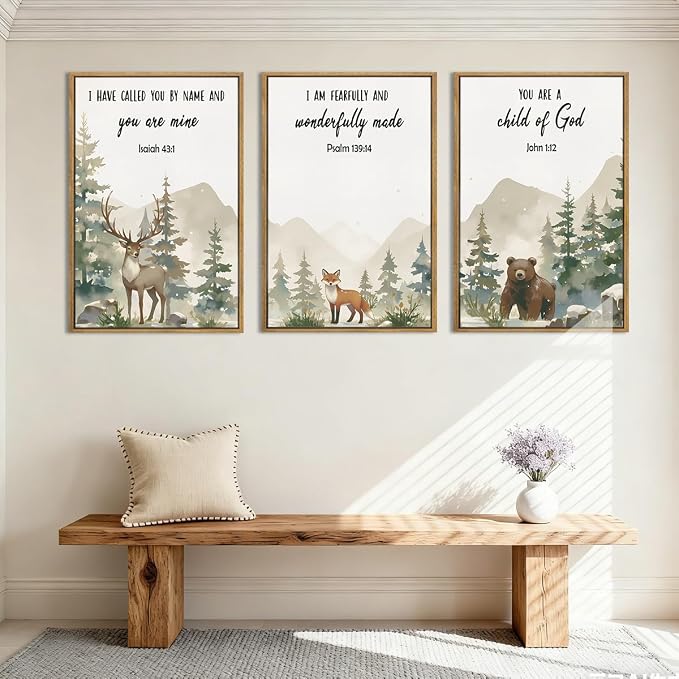 HPNIUB Woodland Animal Christian Framed Wall Art Set,Bible Verse Quote Wall Decor,Nature Forest Religious Art Print,Misty Forest Deer Bear Fox Artwork for Nursery,Kids Bedroom,Study Room-24"x36"x3