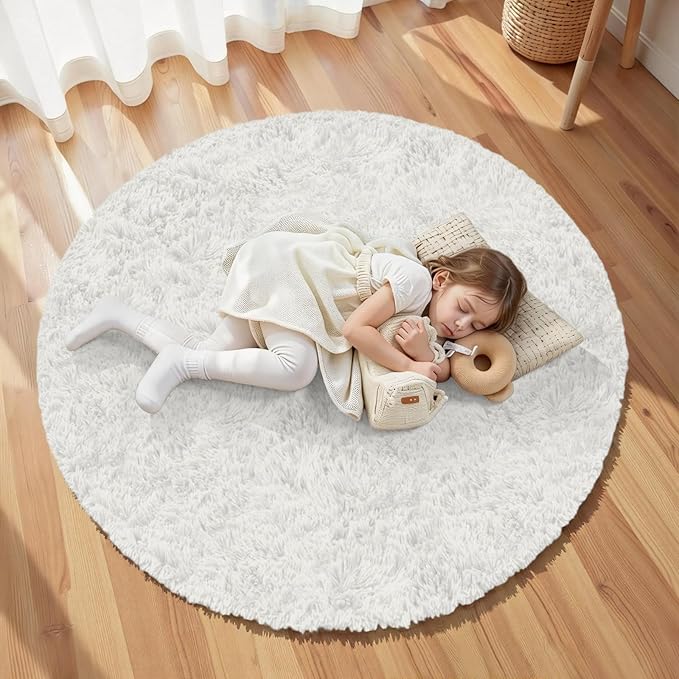 White Round Fluffy Rug 6ft,Soft Bedroom Circle Rugs Mats for Kids Girls Nursery Room,Washable Plush Shaggy Indoor Non Slip Rug for Bedside Living Room Bedroom Circular Carpet,Home Decor Aesthetic