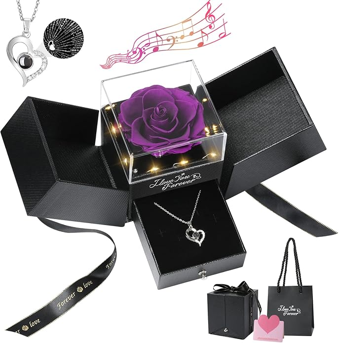 Emibele Preserved Rose Gifts for Women, Eternal Flower Rose Box with Heart Necklace, Romantic I Love You Gifts for Women Her Wife Mom Grandma on Valentines Mothers Day Birthday Anniversary