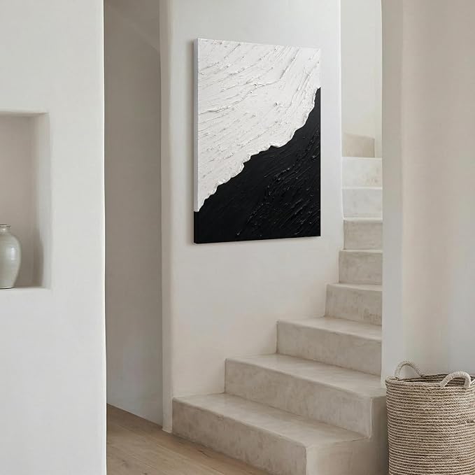 Black & White Abstract Ocean Canvas Wall Art Vertical Textured Oil Painting | Modern Minimalist Neutral Artwork for Office Bedroom Dining Room Decor, Hand-Painted Wall Decor for Living Room, 24x36 In