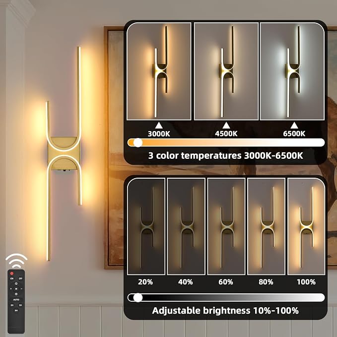 Battery Operated Wall Sconce with Remote Control, USB Rechargeable Wireless Wall Sconce Set of 2, LED Dimmable Wall lamp, 3 Color/Timer/Memory, Gold Wall lights for Bedroom Living Room, 31.5 inch