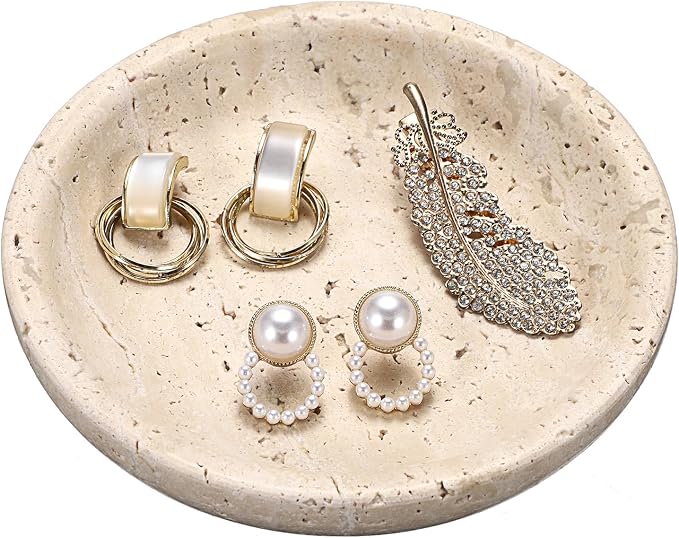 Travertine Jewelry Tray Round Trinket Dish Vintage Decorative Tray Entry Table Nightstand Bowl for Display Rings Earrings Necklace Key Organizer Home Decor