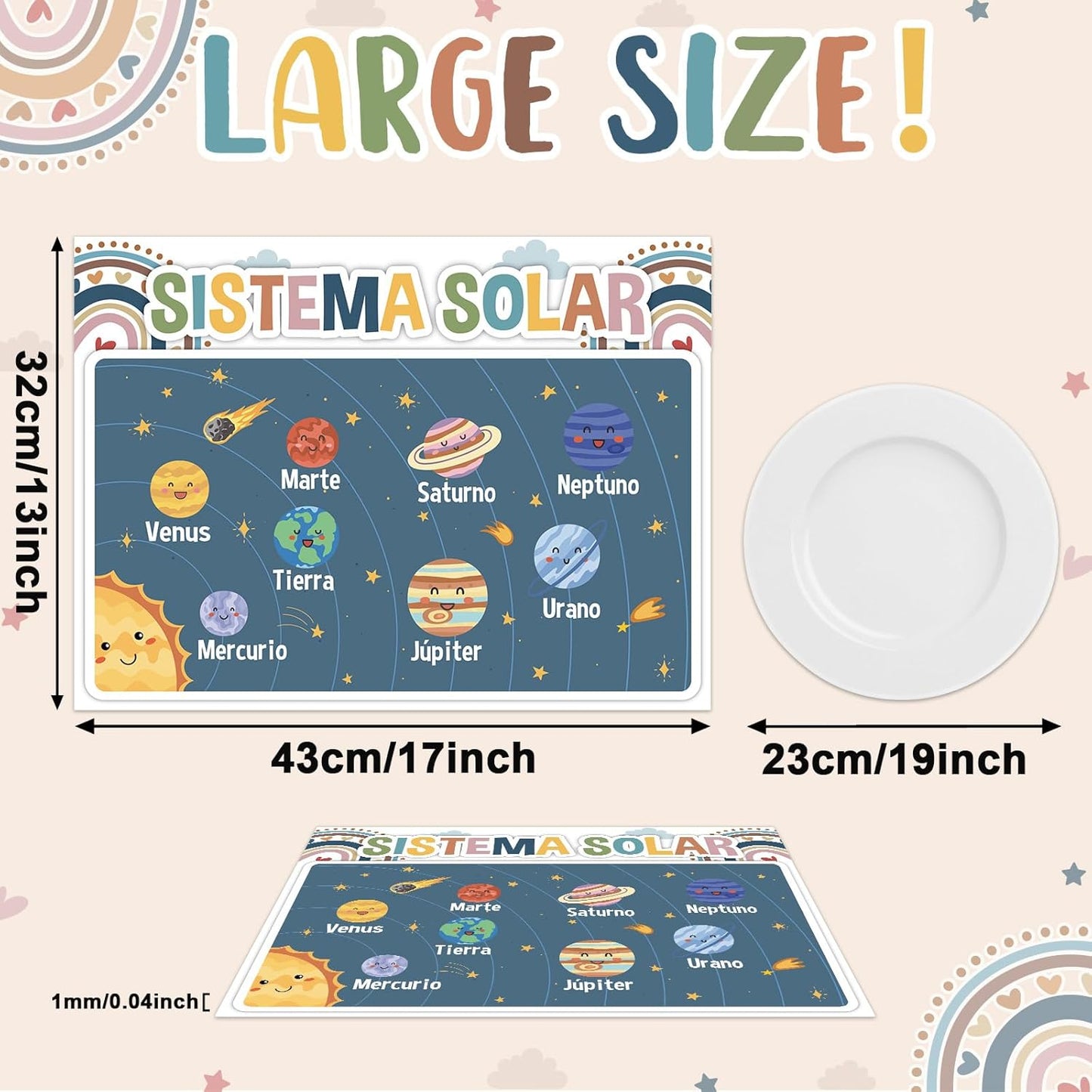 Spanish Educational Preschool Placemats Set of 6 Boho Plastic Table Mats Toddler Children Montessori Place Mats for Kids Washable Vinyl Holiday Table Decoration for Indoor Outdoor Party Kitchen Dining