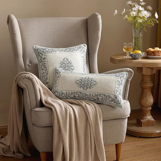 ISAENNE Designer Linen Throw Pillow Cover,Set of 2,28"x12"-Segerman A | Elegant Chinoiserie Rectangle Pillow Cover,Concealed Zipper Design,Floral Pattern,Sofas,Bedroom,Living Room,Lounge Chairs