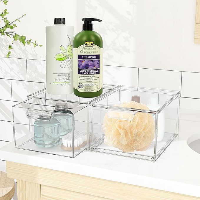 SpaceHacks 3 Pack Stackable Makeup Organizer and Storage, Acrylic Organizers，Clear Plastic Storage Drawer with Handles for Vanity, Undersink, Kitchen Cabinets, Pantry