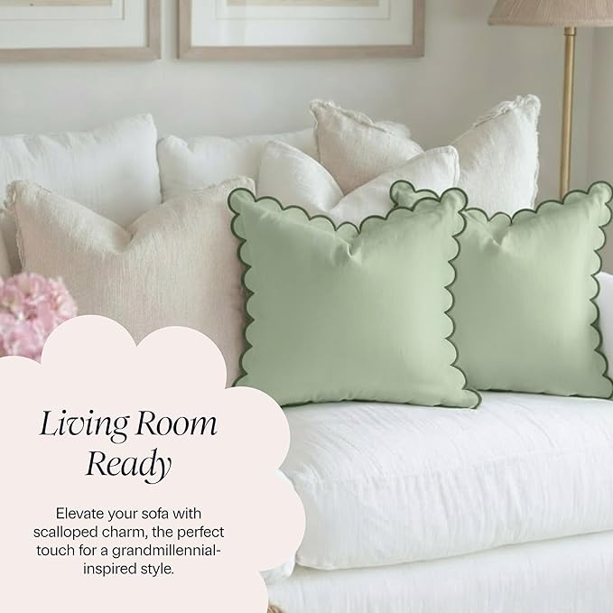 BEBE BASK Green Scalloped Pillow Cover - Set of 2-18 x 18 Inch - Scallop Pillow Cover - Scalloped Pillows - Scallop Pillows - 100% Cotton - Grandmillennial Style (Moss Green)