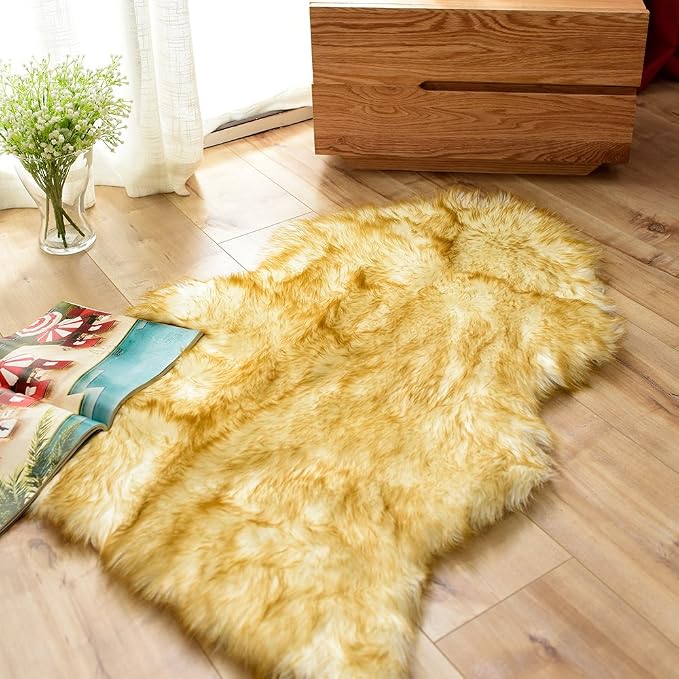 Carvapet 2x3 Luxury Faux Sheepskin Rug - Yellow and White Soft Fluffy Shaggy Area Carpet, Plush Fuzzy Throw and Small Furry Chair Cover Seat Pad for Bedroom Living Room