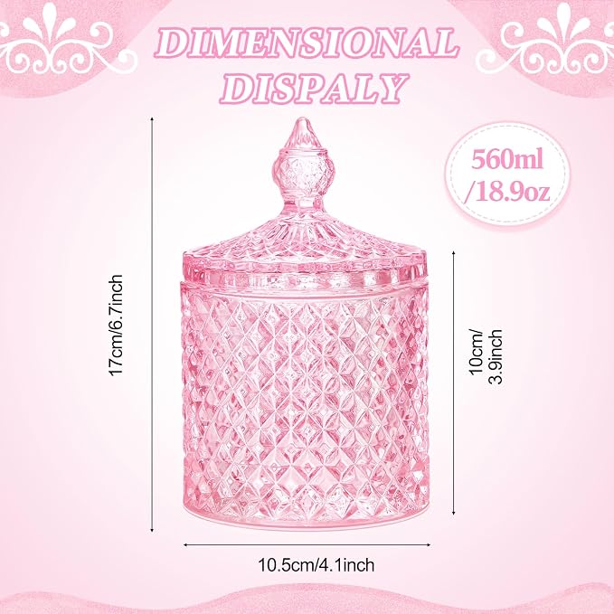 Aoriher 4 Pcs Crystal Glass Candy Jar Set with Lids Home Decorative Storage Jars for Apothecary, Bathroom, Kitchen, and Pantry, Ideal for Cotton Swabs and Jewelry (Large,Pink)
